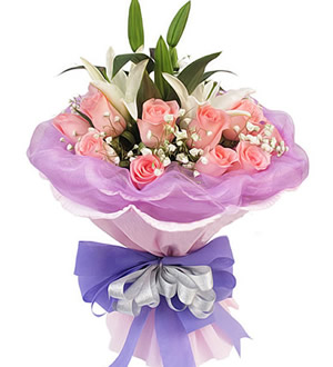 遥远的祝福-粉玫瑰16枝,2枝白色香水百合