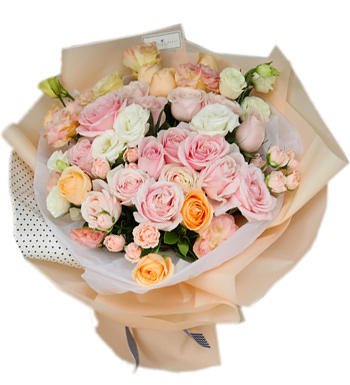 甜甜的微笑-16枝粉雪山,9枝香槟玫瑰,多种配花