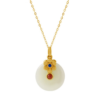 繁花映喜平安扣-复古风纯银复古和田玉项链