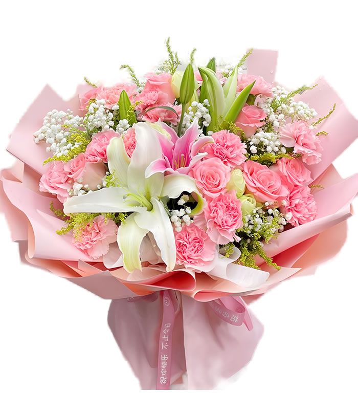 爱意绽放-粉康粉玫瑰百合花束
