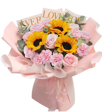 温暖如你-粉玫瑰 粉色康乃馨 向日葵