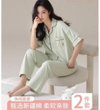 高级纯棉短袖长裤睡衣家居服 - 清爽透气抗菌 多色可选