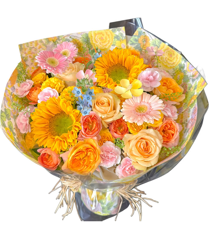 风吹盛夏-香槟玫瑰 果汁阳台 向日葵混搭花束