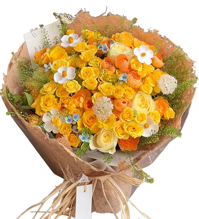 明媚如诗-黄玫瑰 奶油杯 果汁阳台混合花束