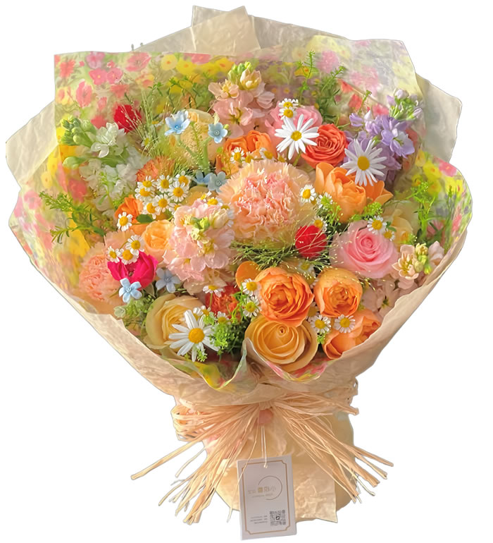 夏日舞曲-香槟玫瑰 果汁阳台混合花束