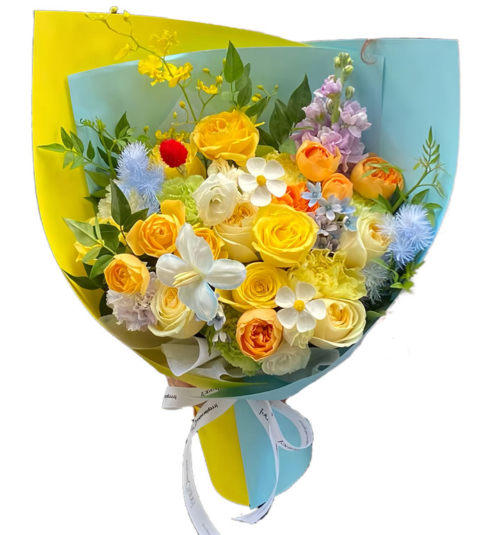 春光灿烂-香槟玫瑰 黄玫瑰 果汁阳台混合花束