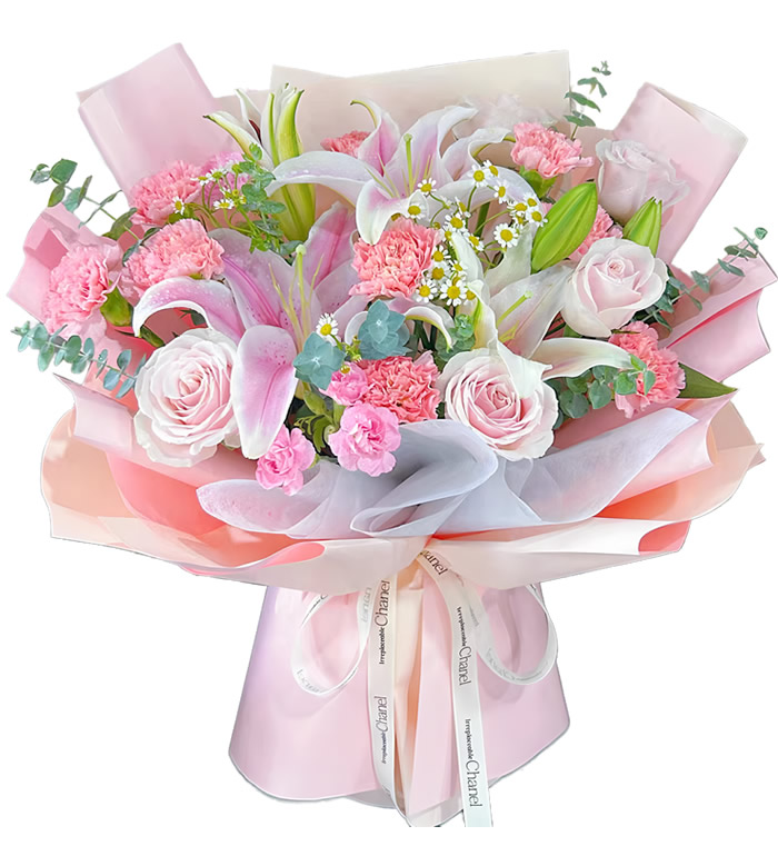 母爱之花-玫瑰康乃馨百合花束