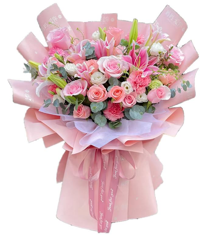 兰心蕙质-粉玫瑰 粉康乃馨 百合花束