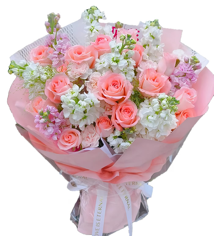 芳华-粉玫瑰 紫罗兰花束