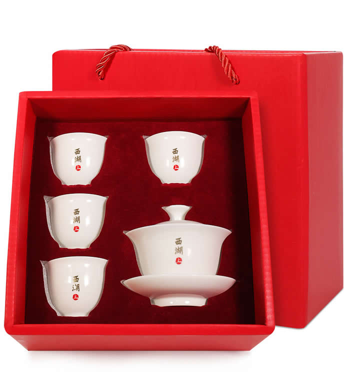西湖牌 陶瓷茶具套组-盖碗+茶杯 一碗四杯