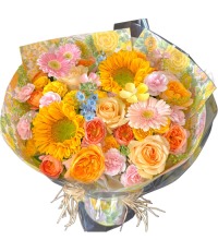 风吹盛夏 - 香槟玫瑰 果汁阳台 向日葵混搭花束