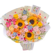 暖阳初照 - 各色玫瑰 向日葵混搭花束