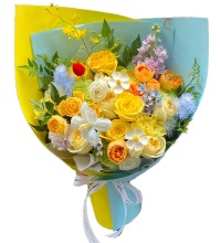 春光灿烂 - 香槟玫瑰 黄玫瑰 果汁阳台混合花束